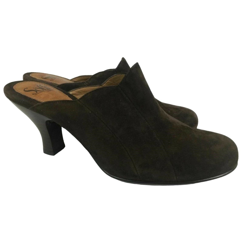 Sofft Brown Suede Slip On Scalloped High Heel Mules Women Clog Shoes Sz 10 M